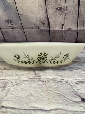 Vintage Glasbake White with Green Daisy Design Divided Casserole Dish